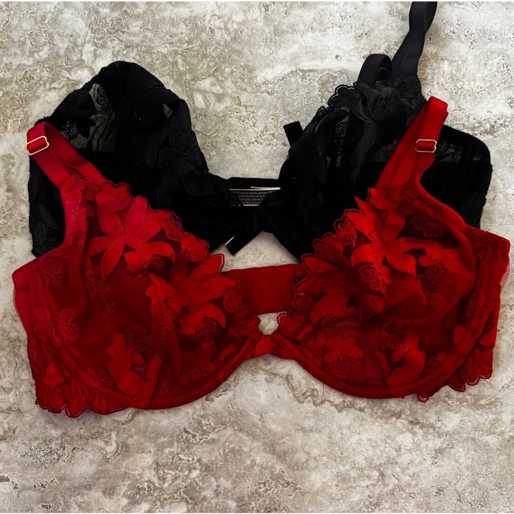 Victoria's Secret 2PK Dream Angels Wicked Unlined Uplift Bra 38D Black Red Lace